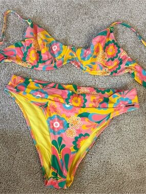 Blackbough Vibrant Retro Floral Bikini Set - Pink, Yellow & Teal